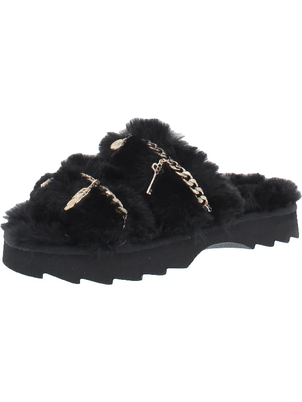 Paiygef Womens Faux Fur Slip On Slide Sandals