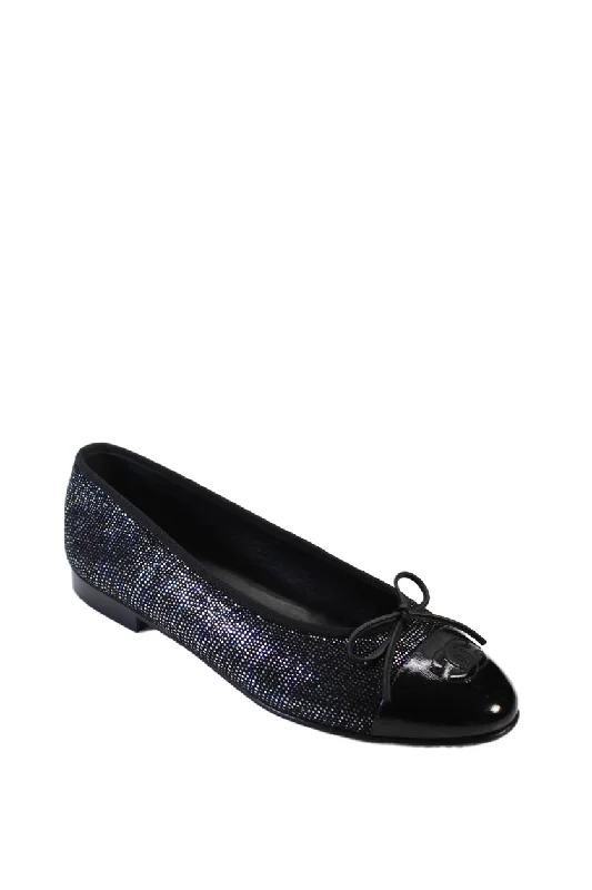 Chanel Womens Black Metallic Print CC Cap Toe Ballet Flats Shoes