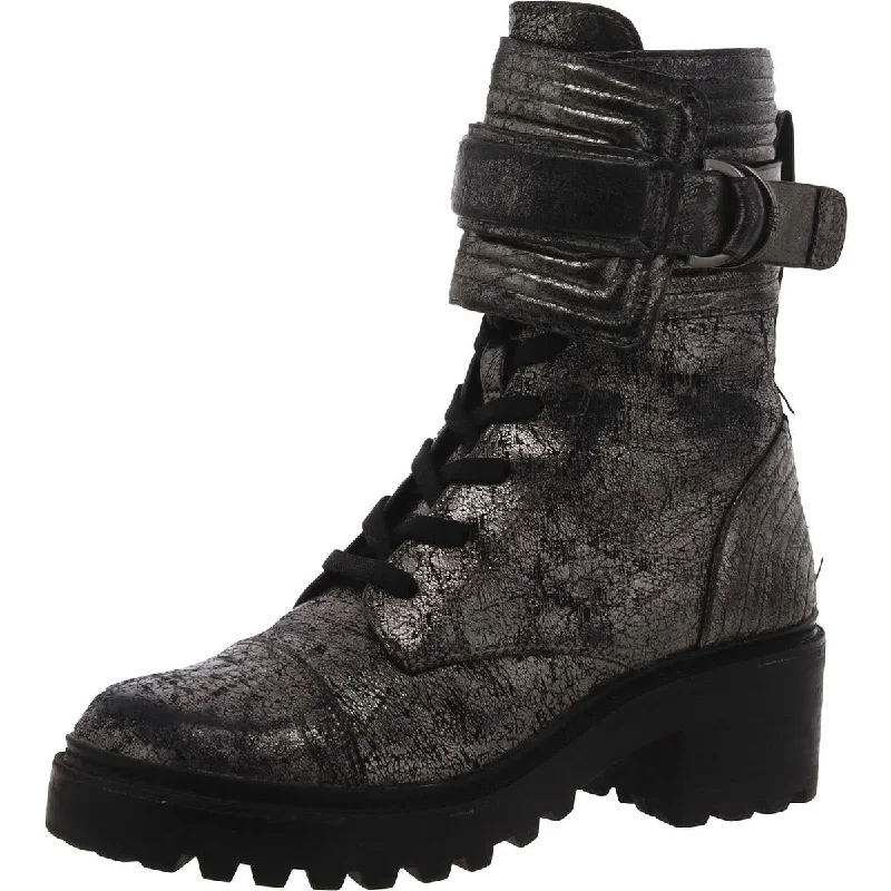 DKNY Womens Basia Leather Metallic Combat & Lace-up Boots