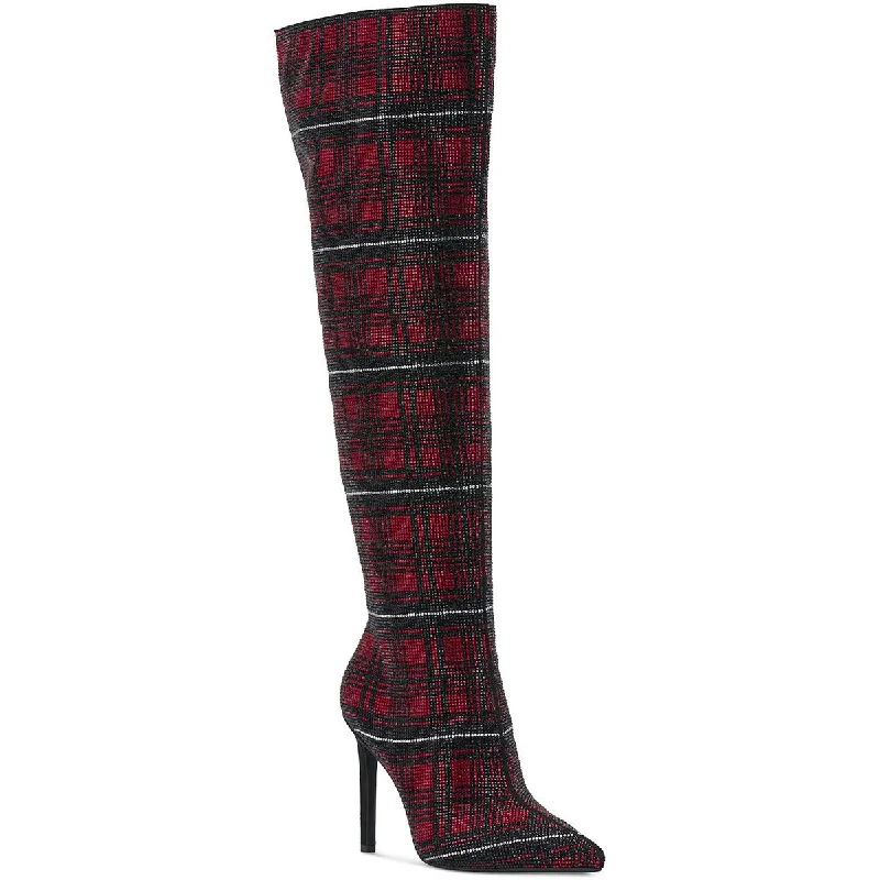 INC Womens Saveria Rhinestone Plaid Over-The-Knee Boots