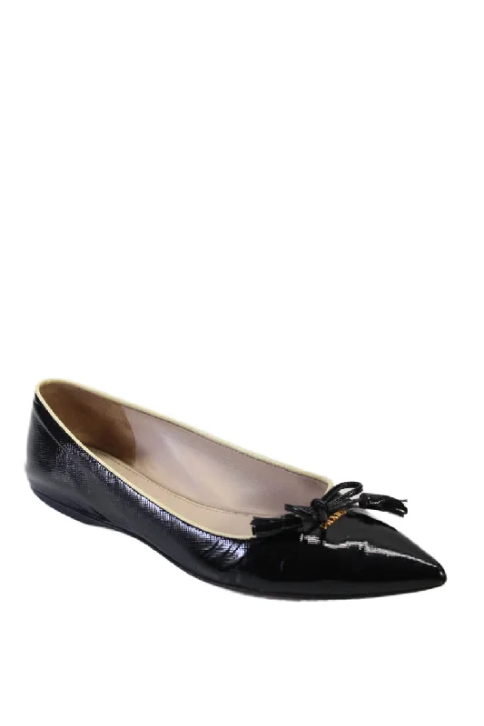 Prada Womens Patent Leather Pointed Toe Bow Flats Black