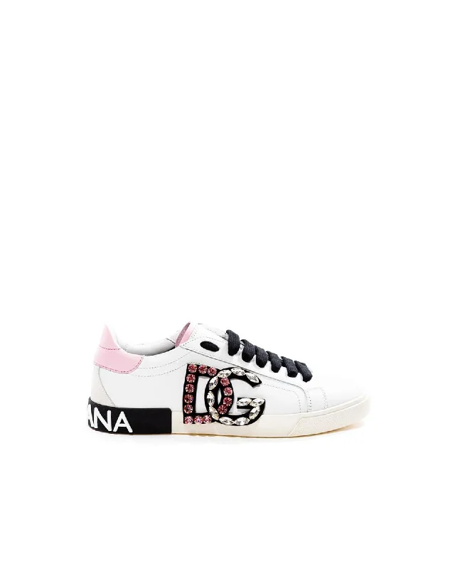 Dolce & Gabbana  Women's White Leather Sneakers with Rhinestone Embellished Logo