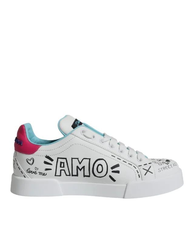 Dolce & Gabbana Portofino Leather Low Top Sneaker Shoes with Logo Details